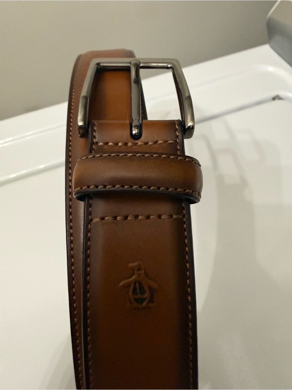 Original Penguin Brown Leather Dress Belt with Brushed Silver Buckle Size 34